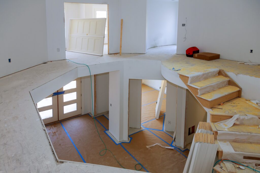 Interior construction of housing with drywall installed door for a new home before installing